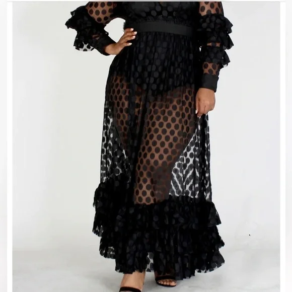 SHEER MESH POLKA DOT TIERED RUFFLE DRESS - Picture 5 of 15